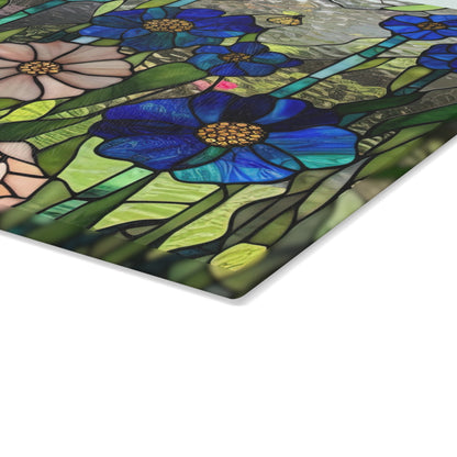 Glass Cutting Board, stained glass look, flower garden, cheese board, bread, serving, tempered glass chopping board