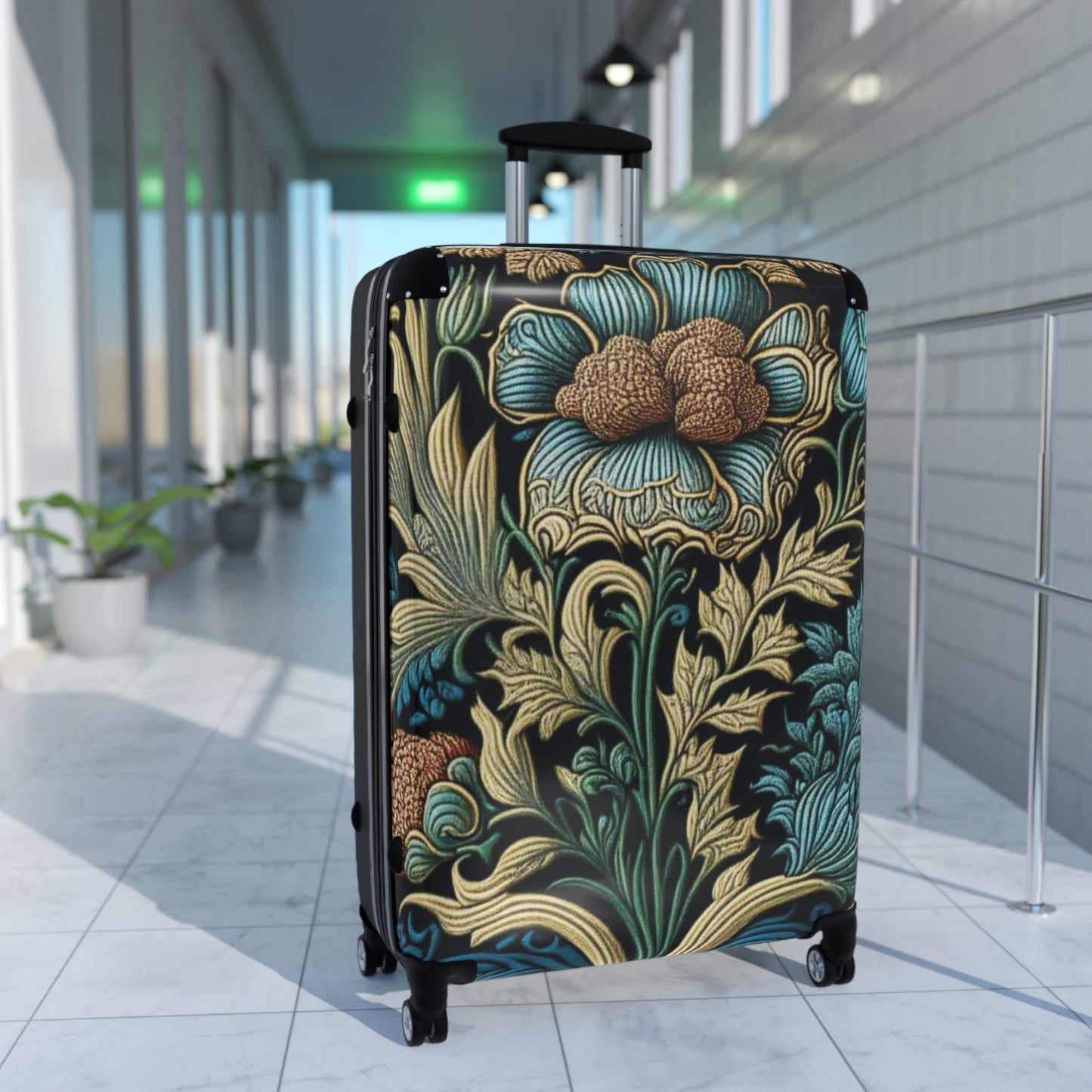 Floral design inspired by William Morrris Suitcase, lockable hard shell luggage for travel with wheels for an easy holiday