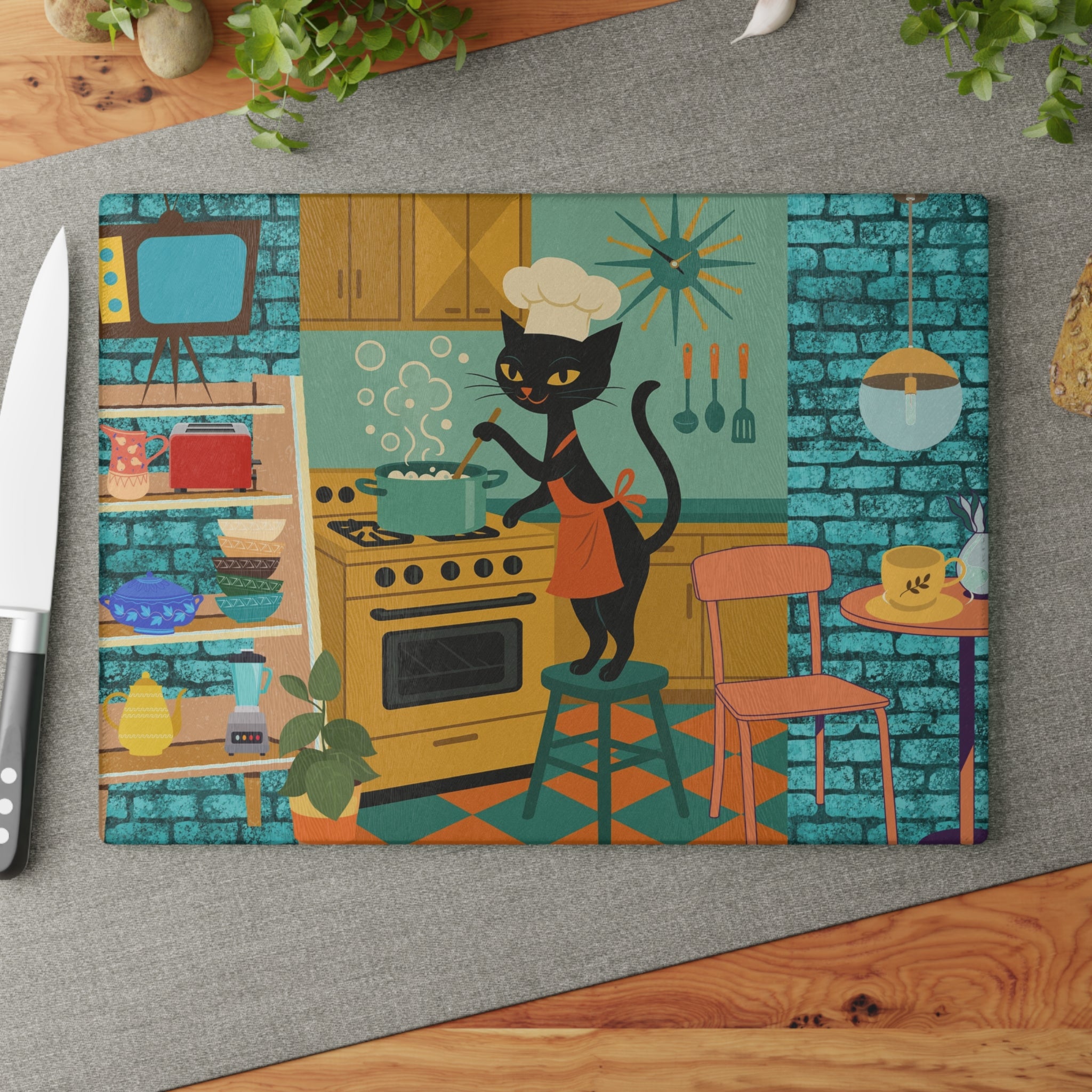 Whimsical Atomic Cat Glass Cutting Board, Retro Kitchen Decor, black Cat Lover Gift, Unique Cooking Accessory, Fun Gift Idea for Home