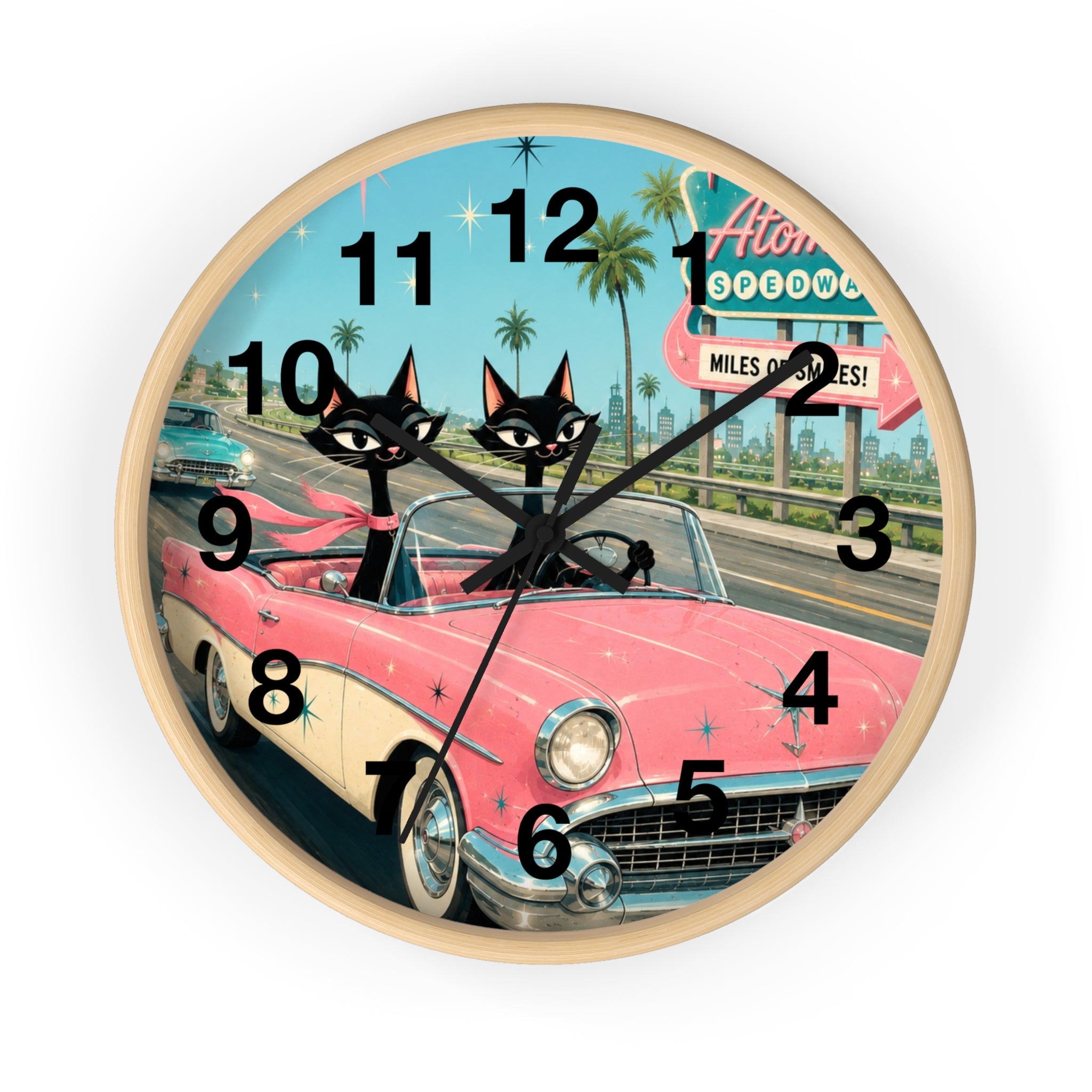 Retro Atomic Cat Roadtrip Wall Clock | Vintage Pink Convertible, Palm Trees