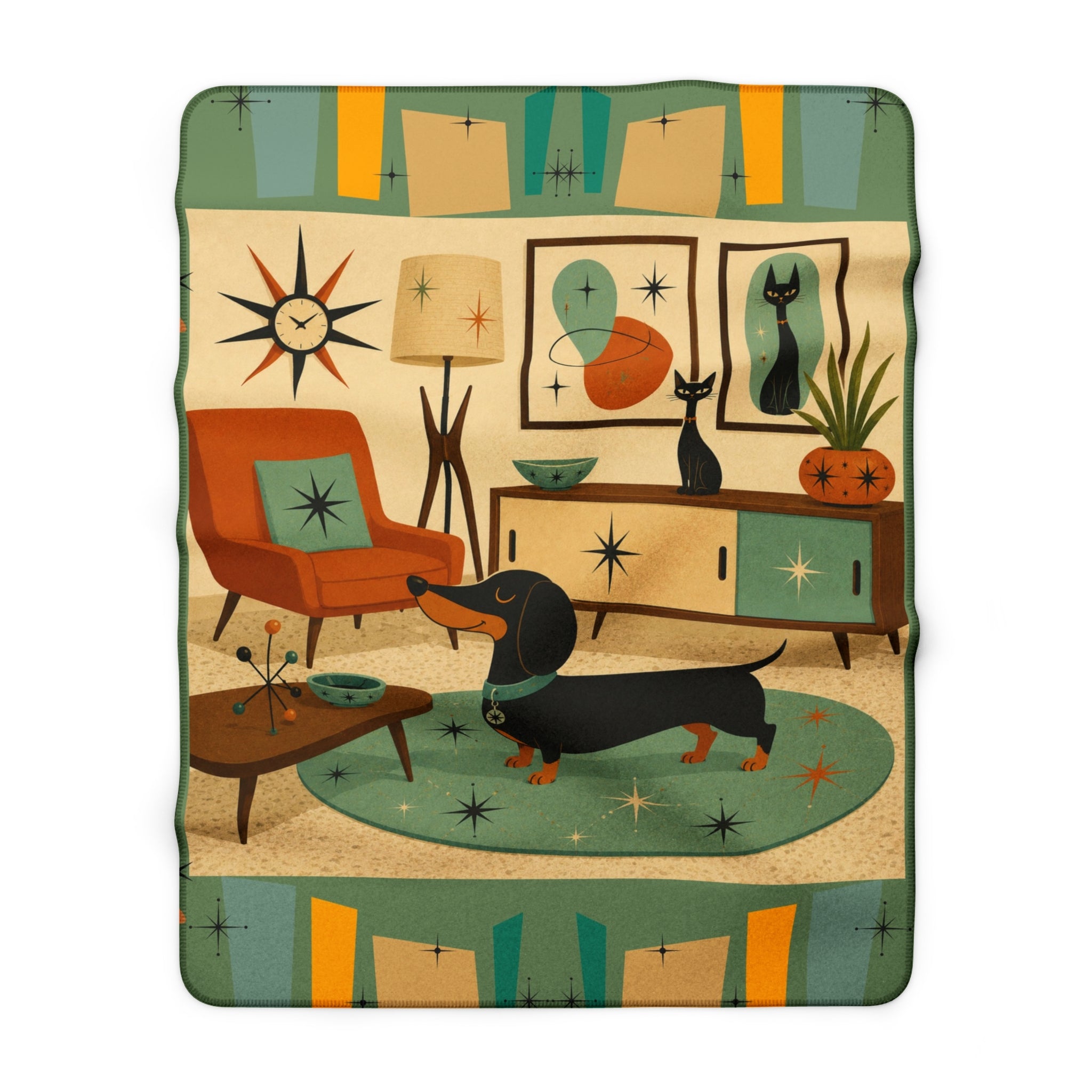 Mid Century Dachshund Living Room Sherpa Fleece Blanket | Retro Atomic Home