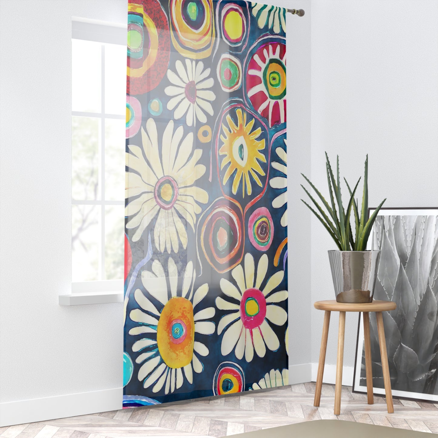 Funky colorful watercolor daisy sheer Window Curtain