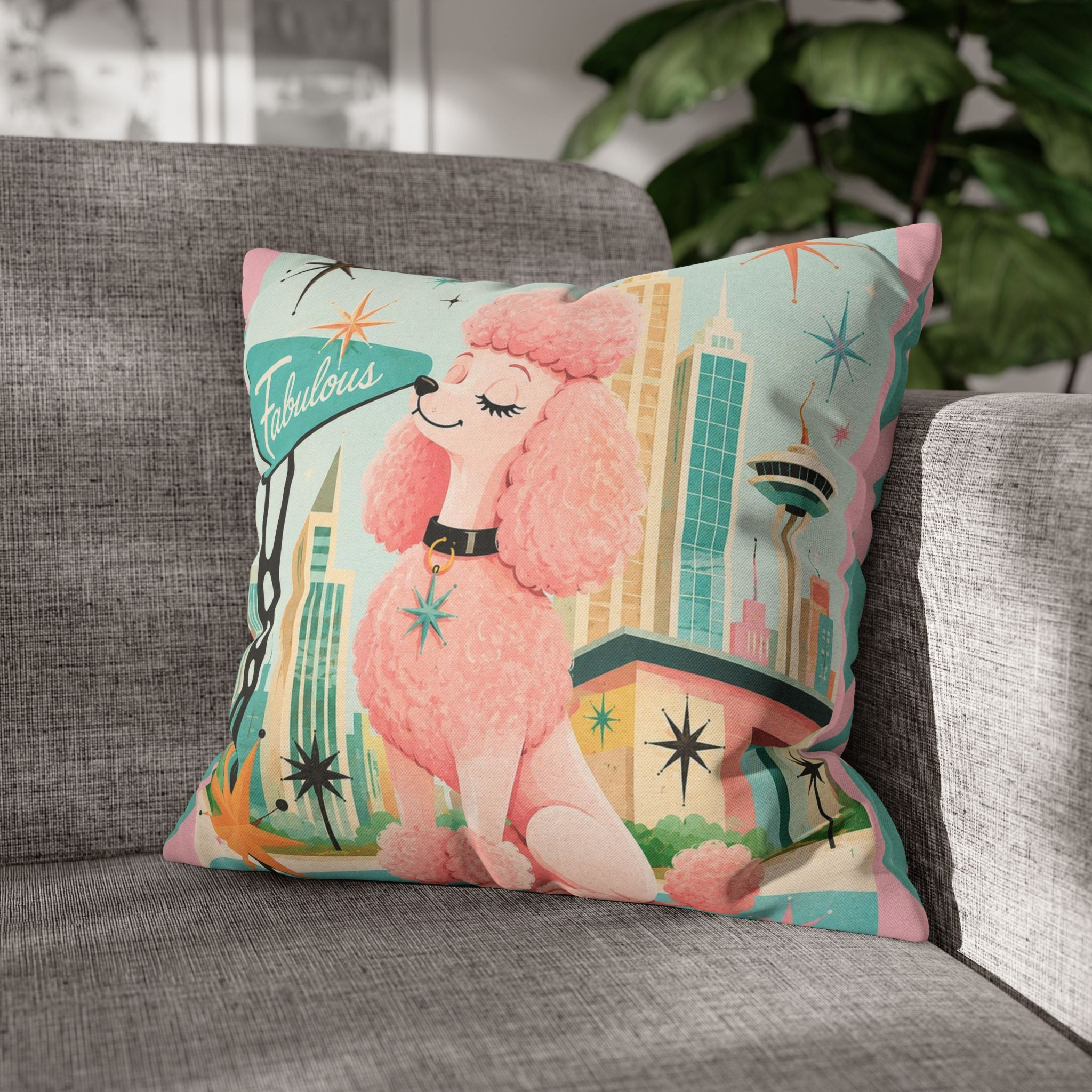 Fabulous Pink Poodle Pillowcase Spun Polyester Square Pillowcase | Retro Mid-Century Dog - COVER ONLY