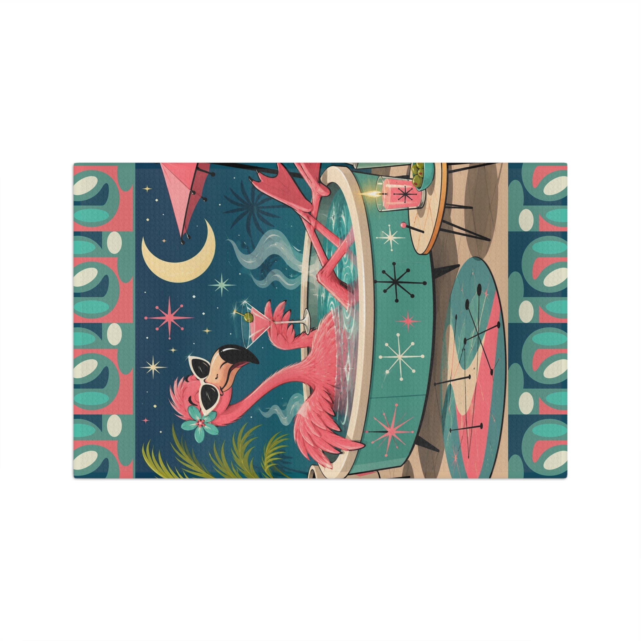 Retro Flamingo in Hot Tub Microfiber Tea Towel | Mid Century Tropical