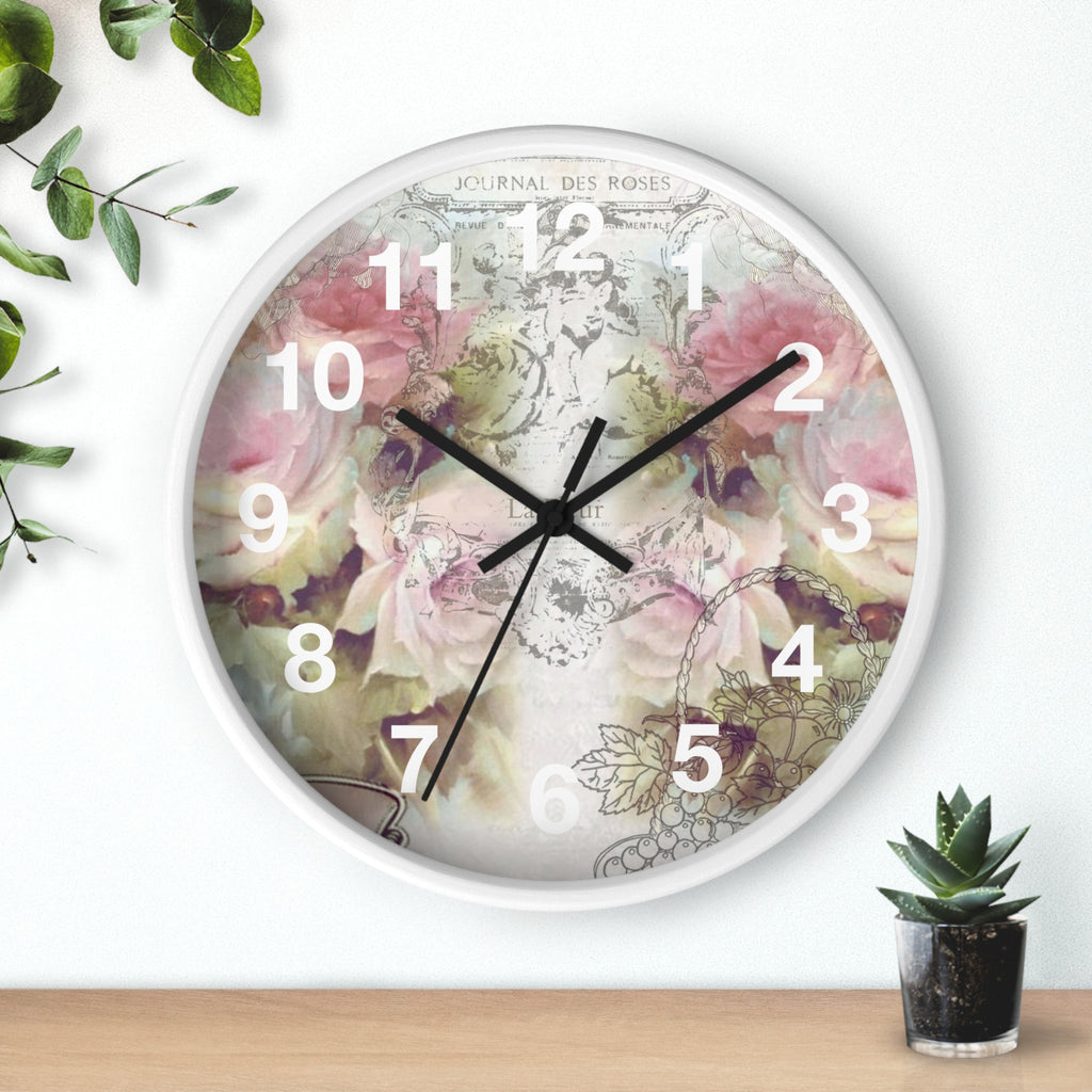Shabby chic, pink roses, floral Wall clock
