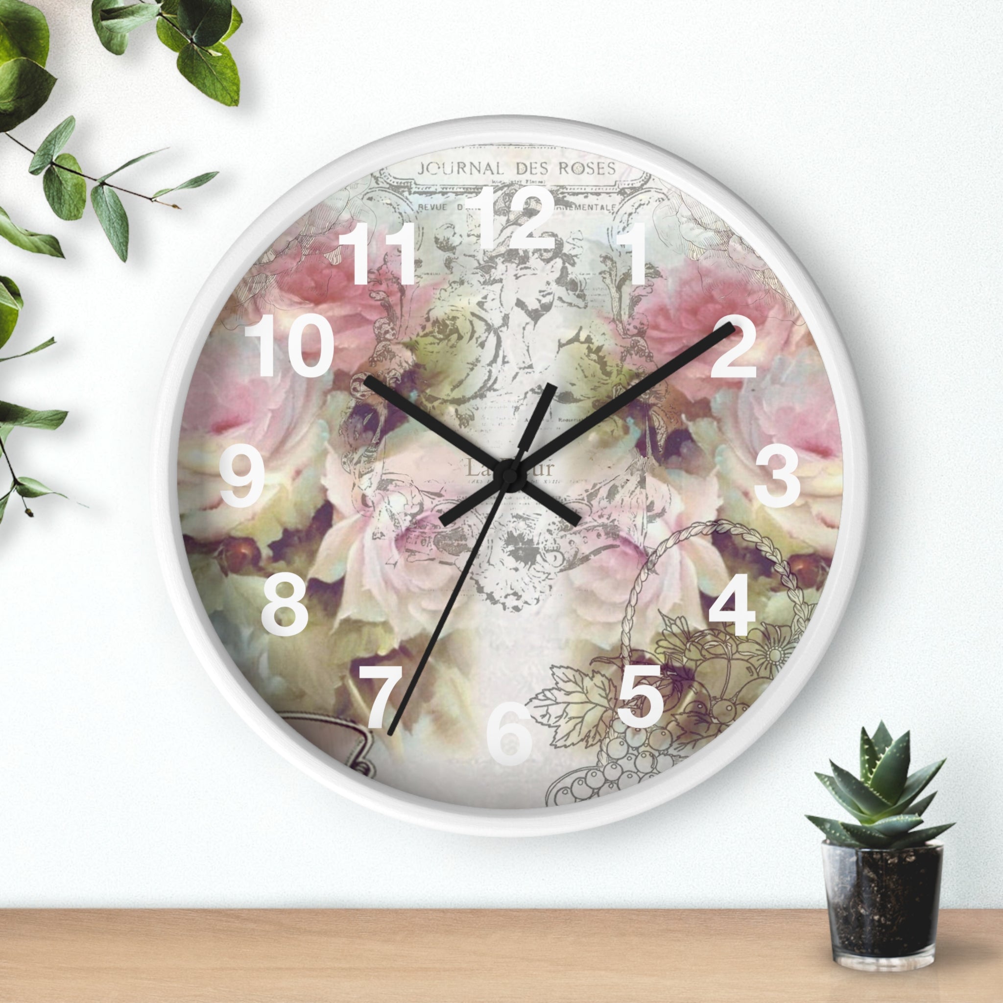 Shabby chic, pink roses, floral Wall clock