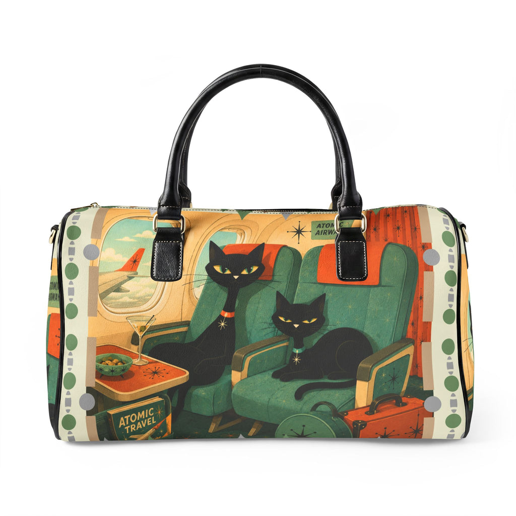 Retro Atomic Black Cats Travel Bag | Faux Leather Duffle, Mid Century Plane Scene