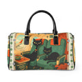Retro Atomic Black Cats Travel Bag | Faux Leather Duffle, Mid Century Plane Scene