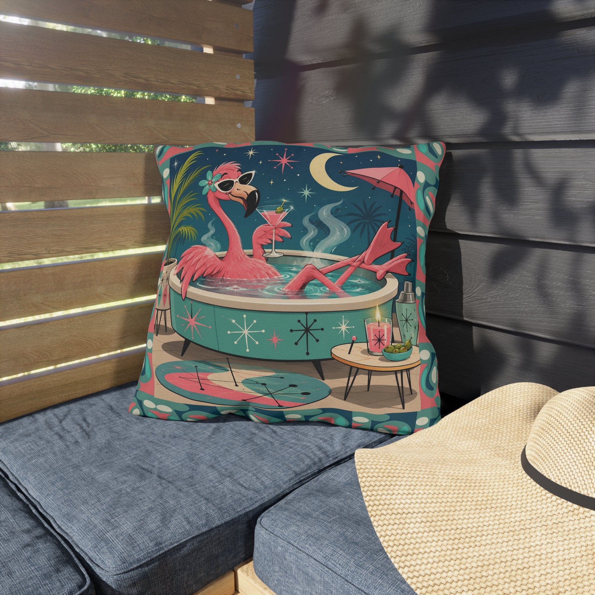 Retro Flamingo in Hot Tub Outdoor Pillow | Mid Century Tropical Patio Decor