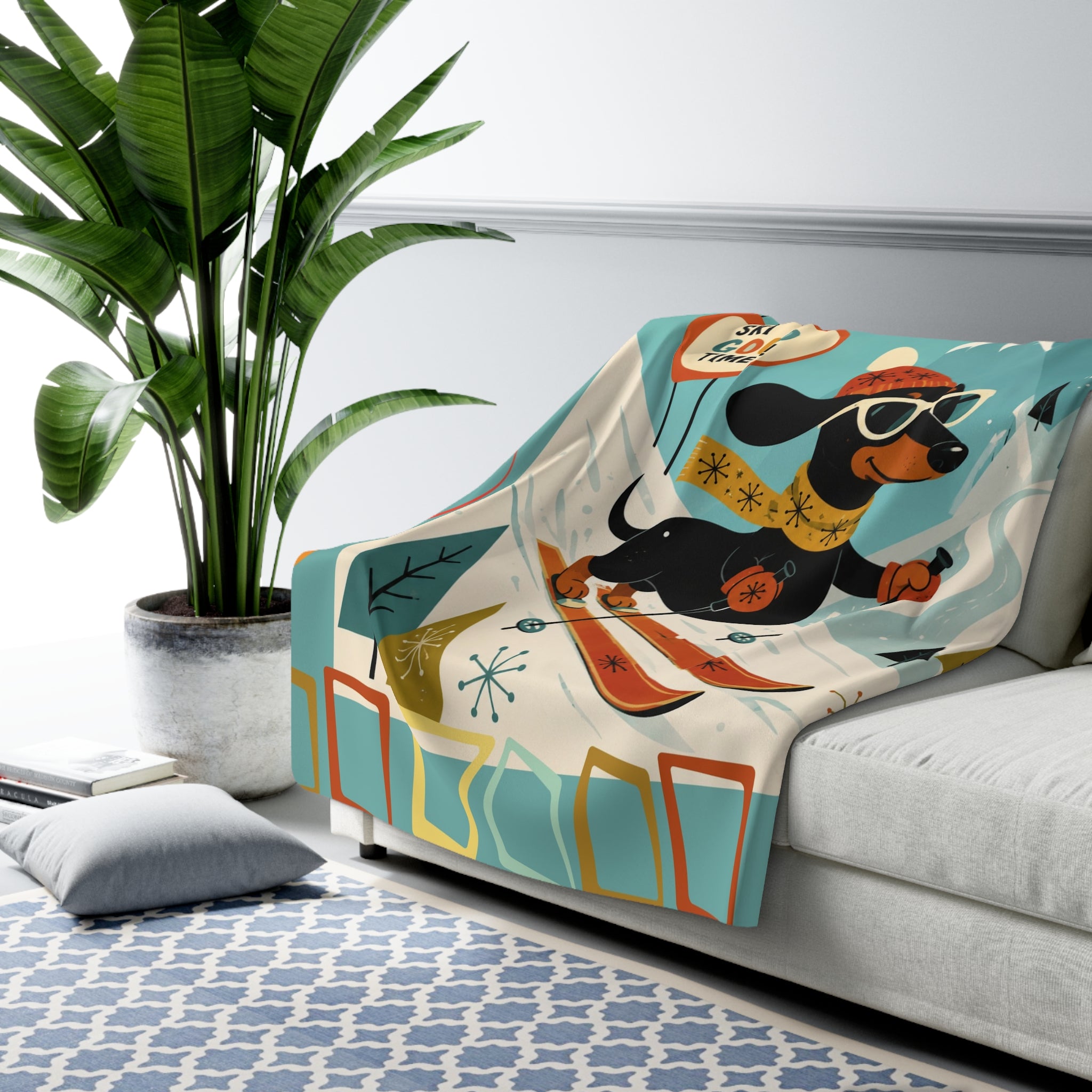 Skiing Dachshund Dog MCM Sherpa Fleece Blanket | Retro Winter Lodge Design
