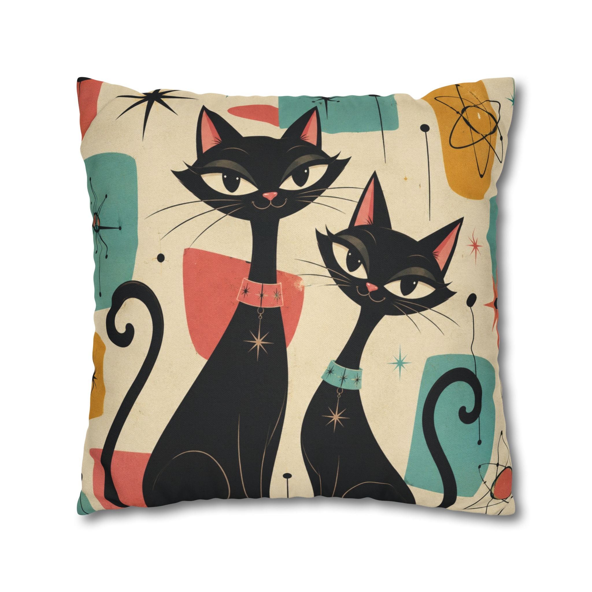Mid Century Retro Atomic Black Cats Pillowcase | Spun Polyester Square Pillowcase - COVER ONLY