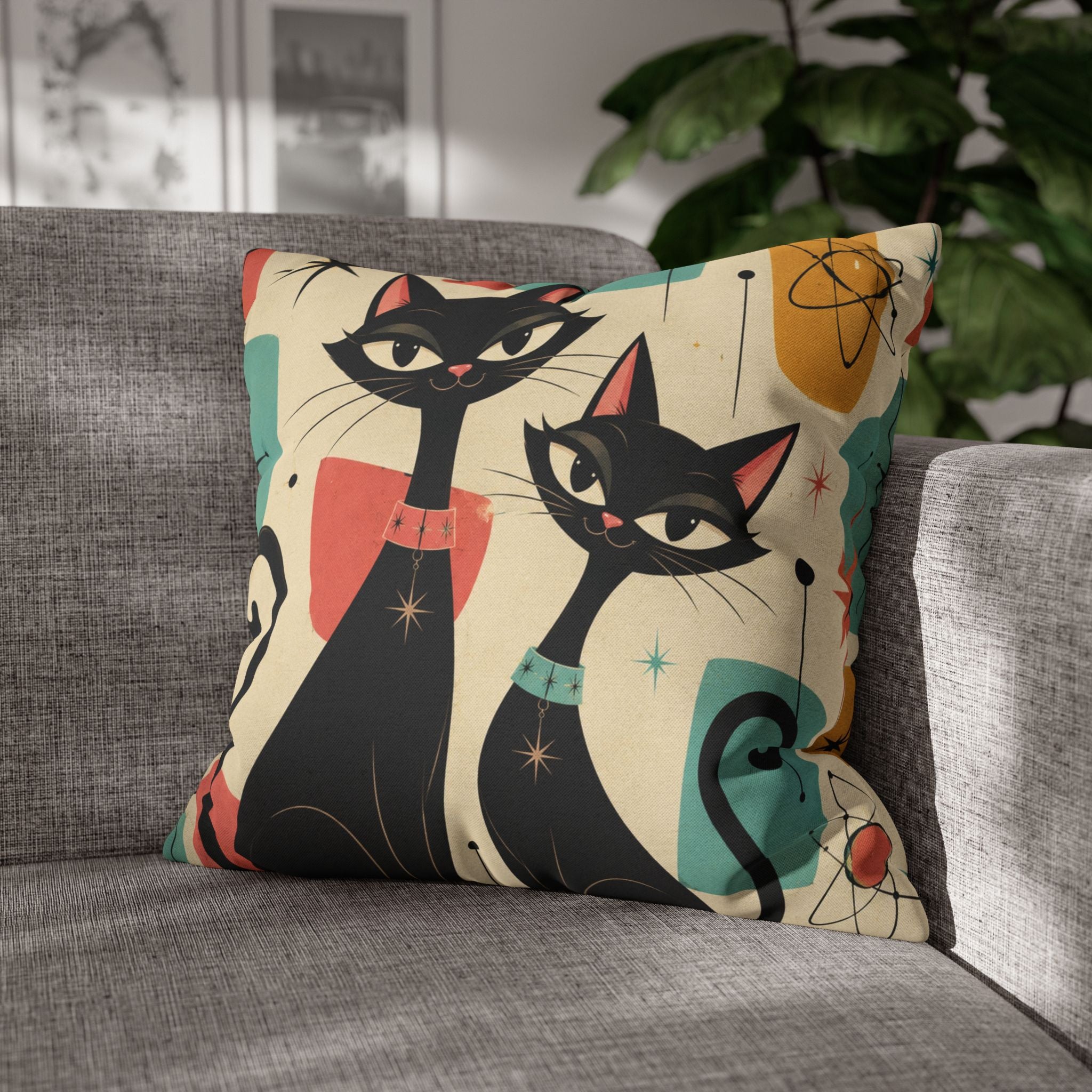 Mid Century Retro Atomic Black Cats Pillowcase | Spun Polyester Square Pillowcase - COVER ONLY