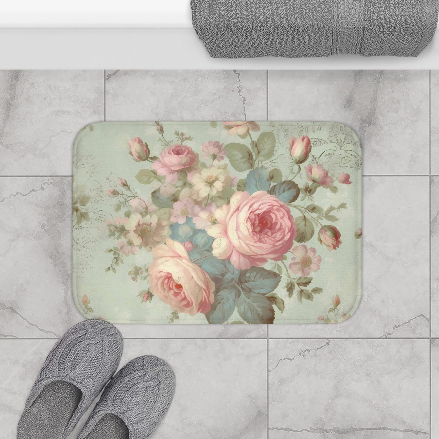 Bold pink roses shabby chic Bath Mat, vintage inspired, country cottage, farmhouse decor