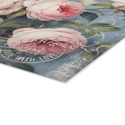 Pink roses shabby chic style Glass Cutting Board, vintage inspired floral chopping board