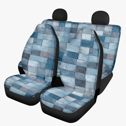 Blue Denim Patchwork look (PRINTED ONLY) Microfiber Car Seat Covers - 3Pcs, front and back seat covers, full set, retro inspired