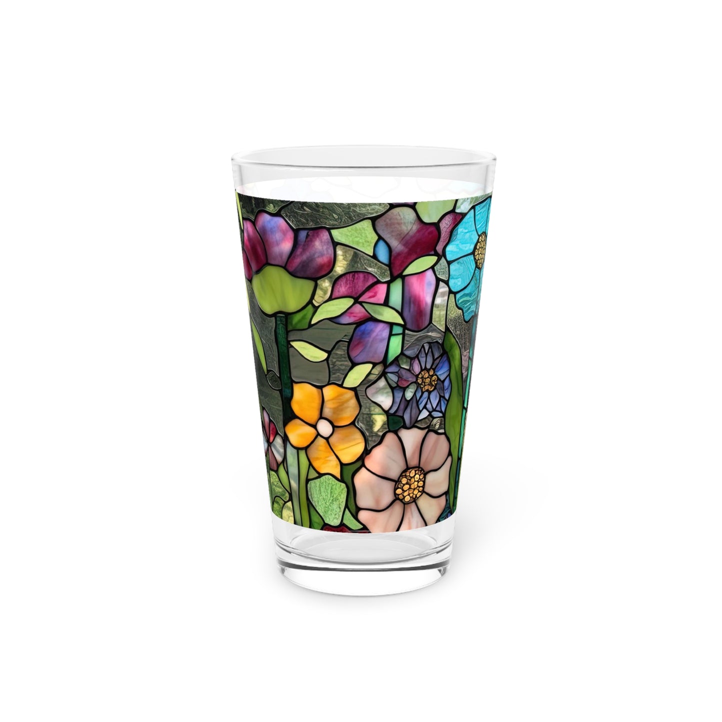 Garden flowers stained glass (look only)  Pint Glass, 16oz (Price is per glass)