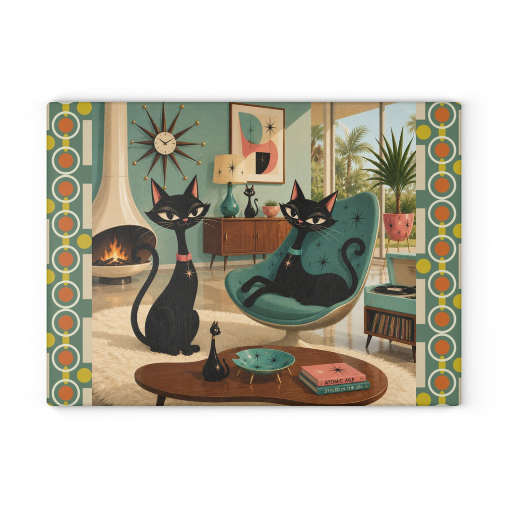 Mid Century Black Atomic Cats Glass Cutting Board | Retro Living Room Art