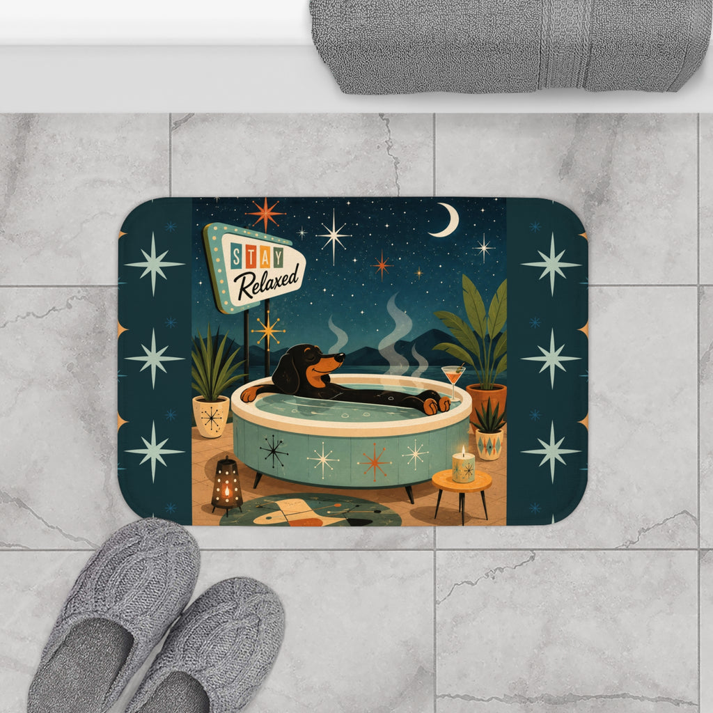 MCM Relaxed Dachshund in Bathtub Bath Mat | Retro Night Stars Spa