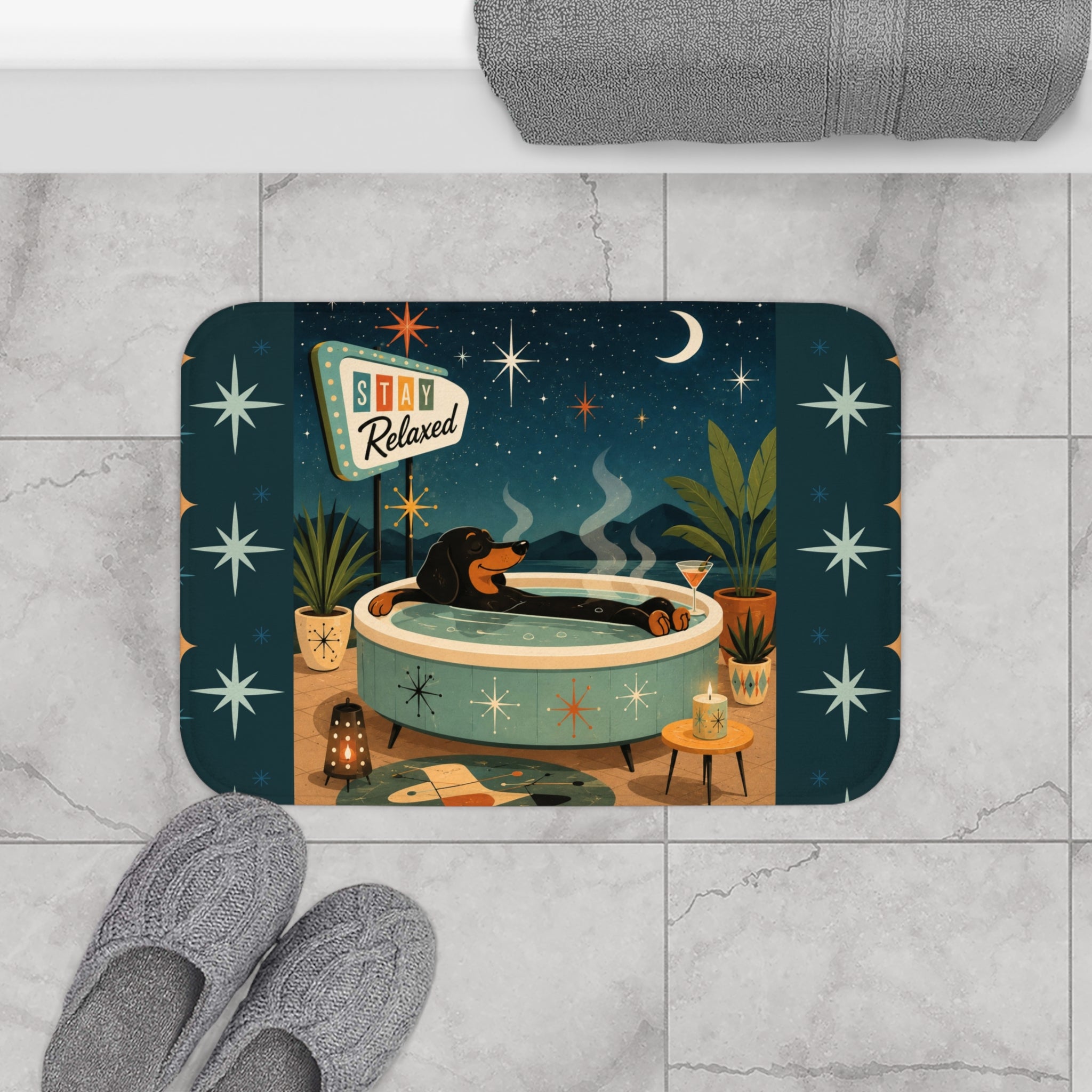 MCM Relaxed Dachshund in Bathtub Bath Mat | Retro Night Stars Spa