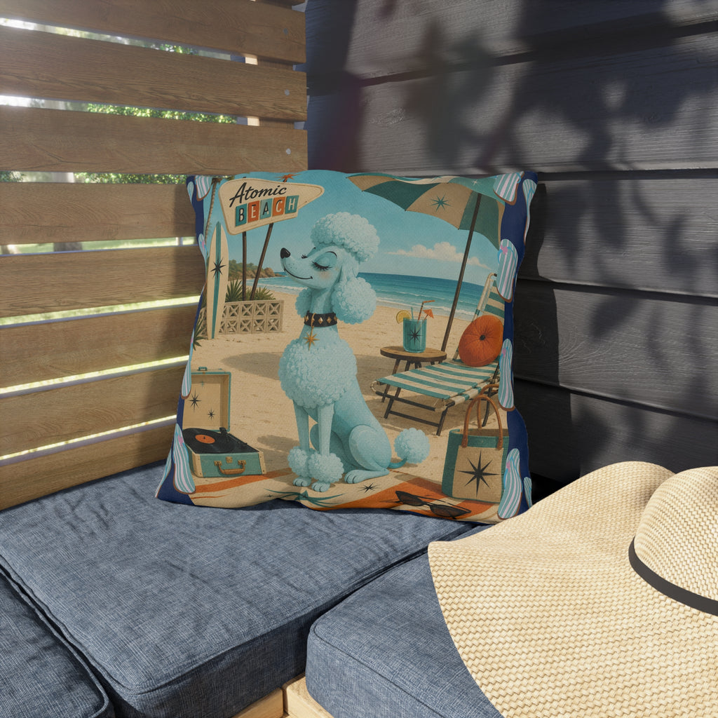 Retro Atomic Beach Blue Poodle Outdoor Pillow | Mid Century Coastal Decor