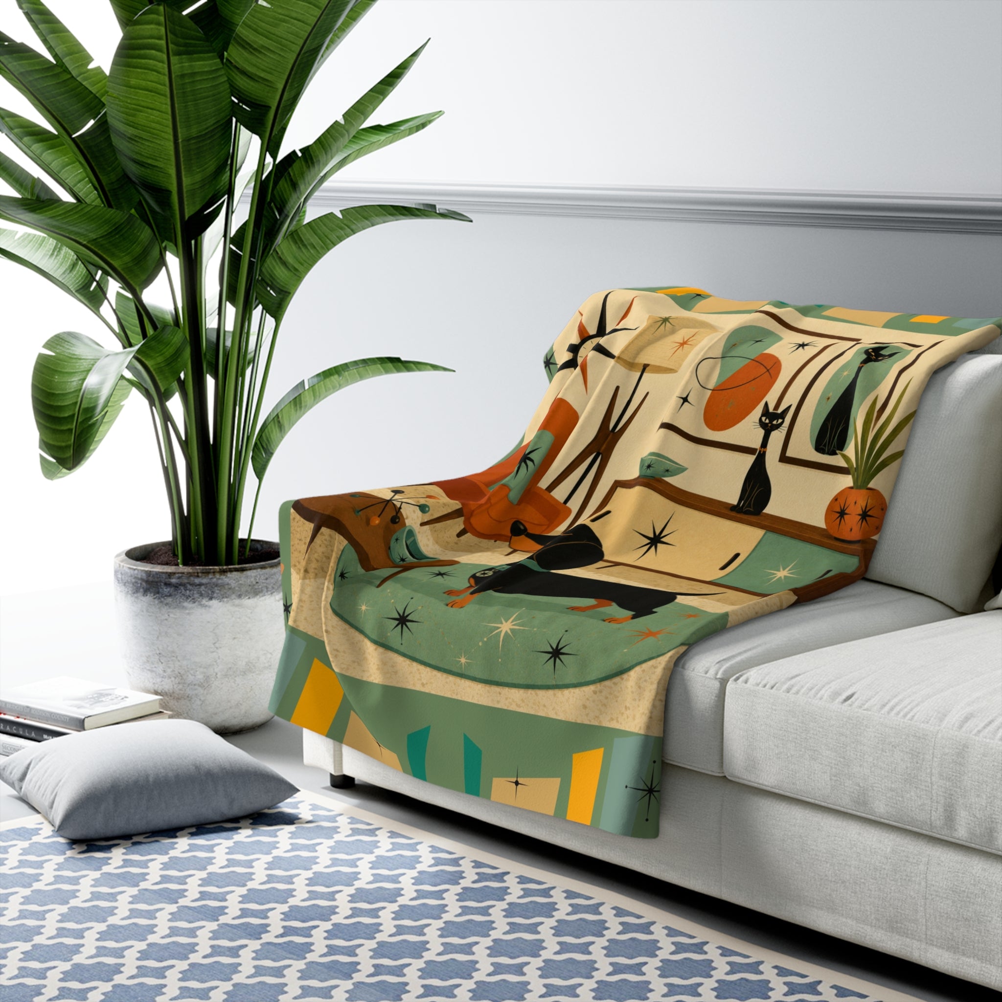 Mid Century Dachshund Living Room Sherpa Fleece Blanket | Retro Atomic Home