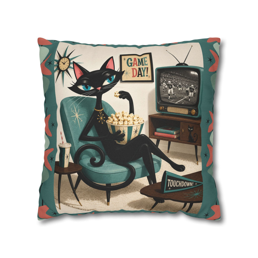 Retro Atomic Black Cat Watching Football Pillowcase | MCM Square Throw Pillowcase - Indoor use