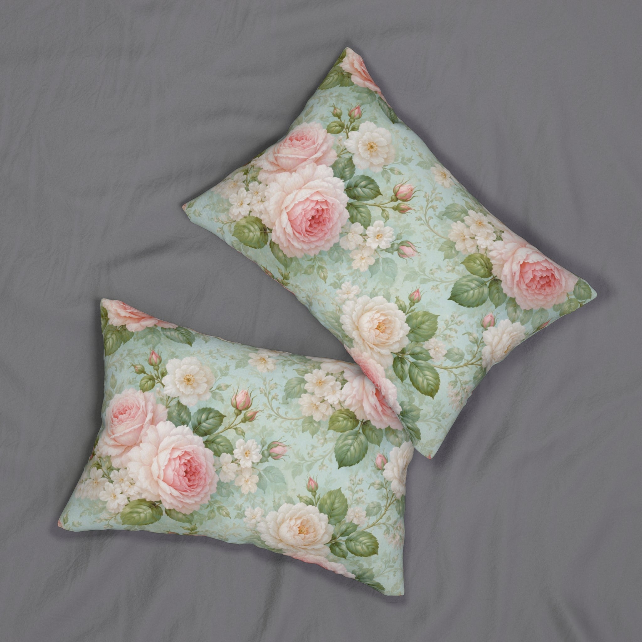 Vintage Rose Floral Lumbar Pillow | Shabby Chic Pink Roses on Mint