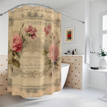 Pink roses Old script certificate shabby chic Shower Curtain, French vintage inspired, floral bathroom, rustic shower curtain