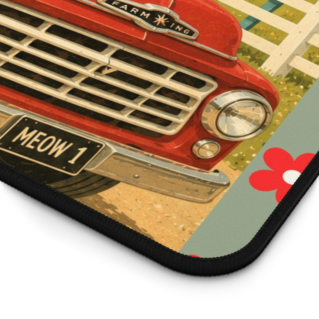 Retro Red Truck with Atomic Black Cats Desk Mat | Atomic Acres Farm Mousepad