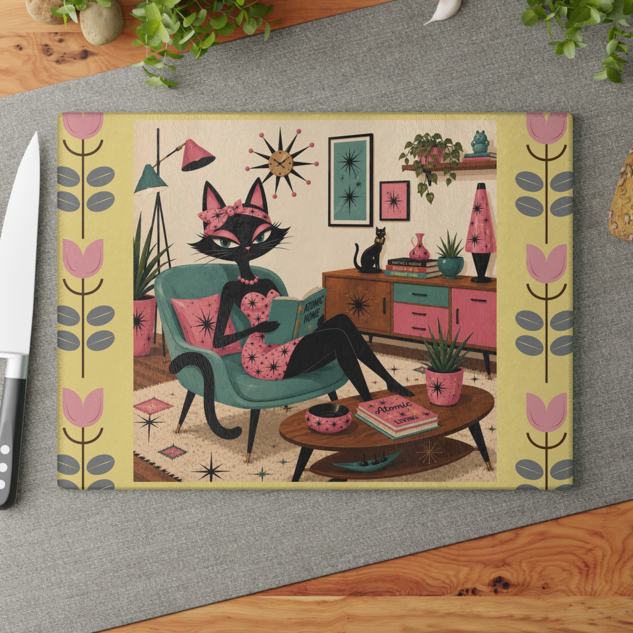 Retro Lounge Atomic Cat Glass Cutting Board | Mid Century Kitchen Decor