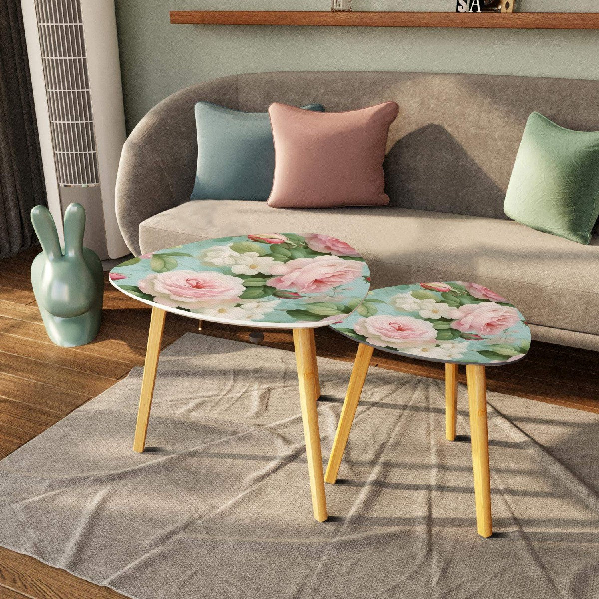 Triangle Coffee Table Set of 2 (Made in USA) Shabby chic pink rose tables