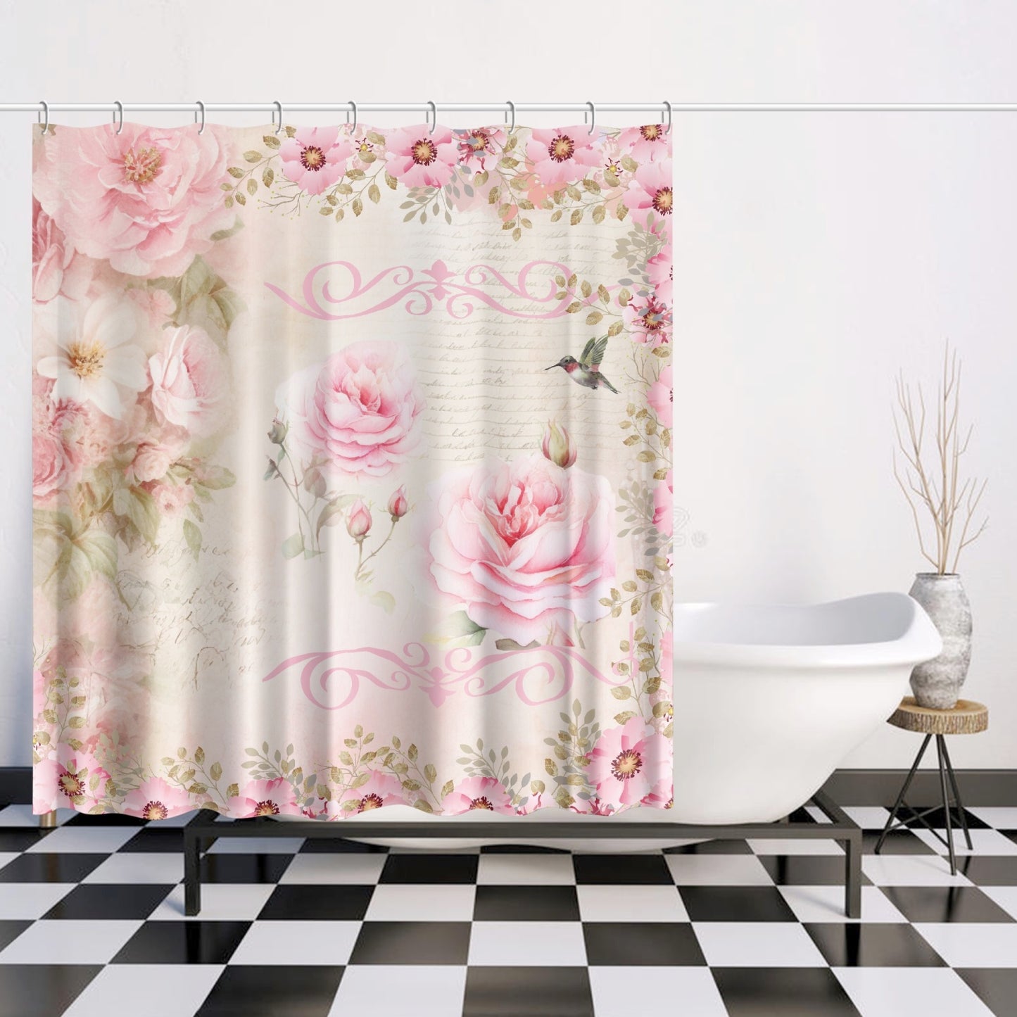 Shabby chic style pink flowers Quick-drying Shower Curtain, French vintage inspired, floral, Farmhouse, bathtub stall shower curtain