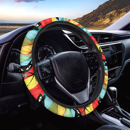 Colorful atomic cat retro Steering Wheel Cover, MCM car interior, auto wheel cover, black cat lover gift