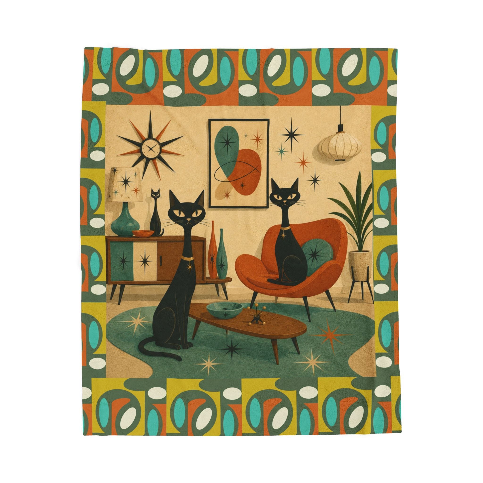 Mid Century Retro Atomic Black Cats Velveteen Plush Blanket | Vintage Atomic Living Room