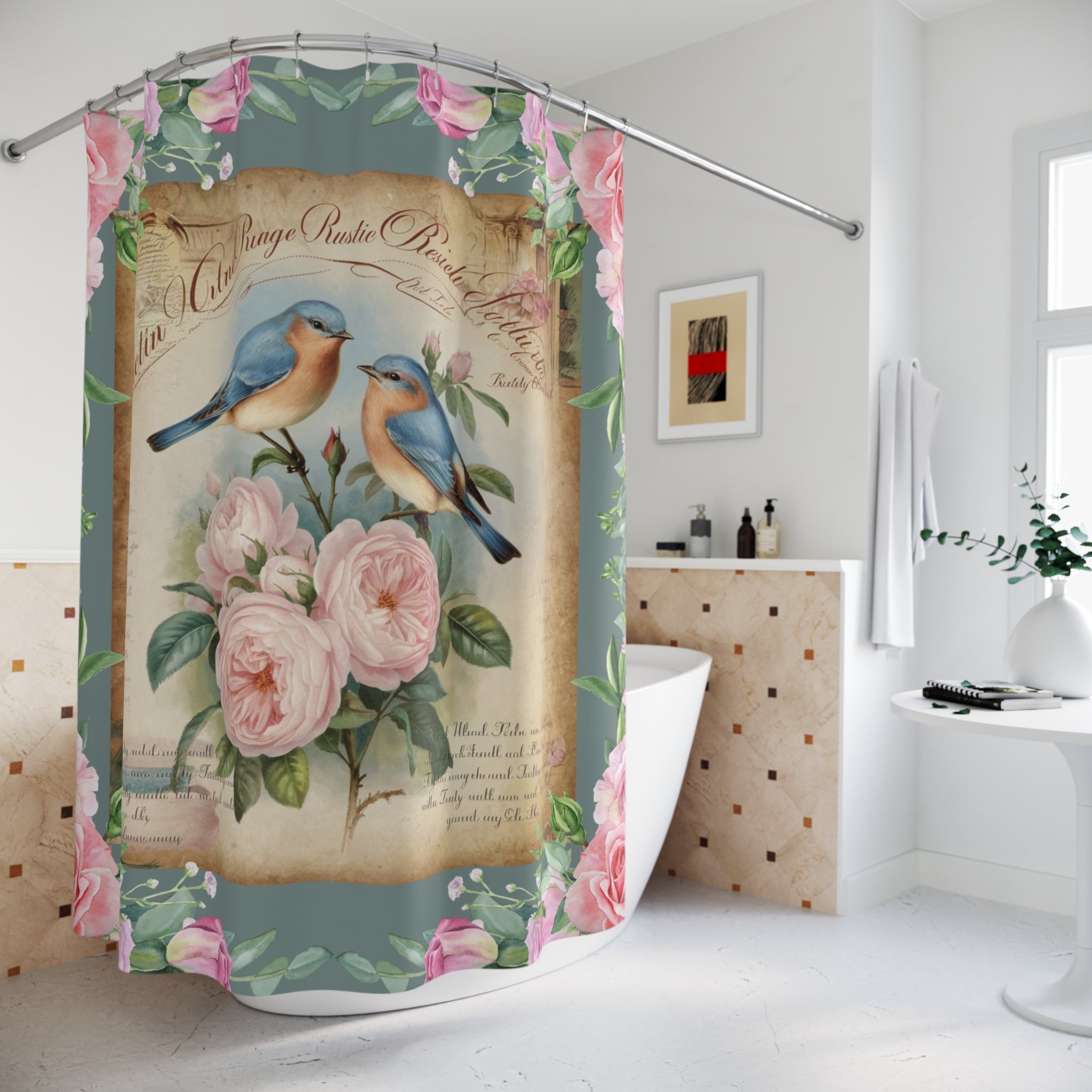 Vintage Floral Shabby chic Shower Curtain with Bluebirds, Rustic Home Decor, Bathroom Accessory, Gift for Bird Lovers