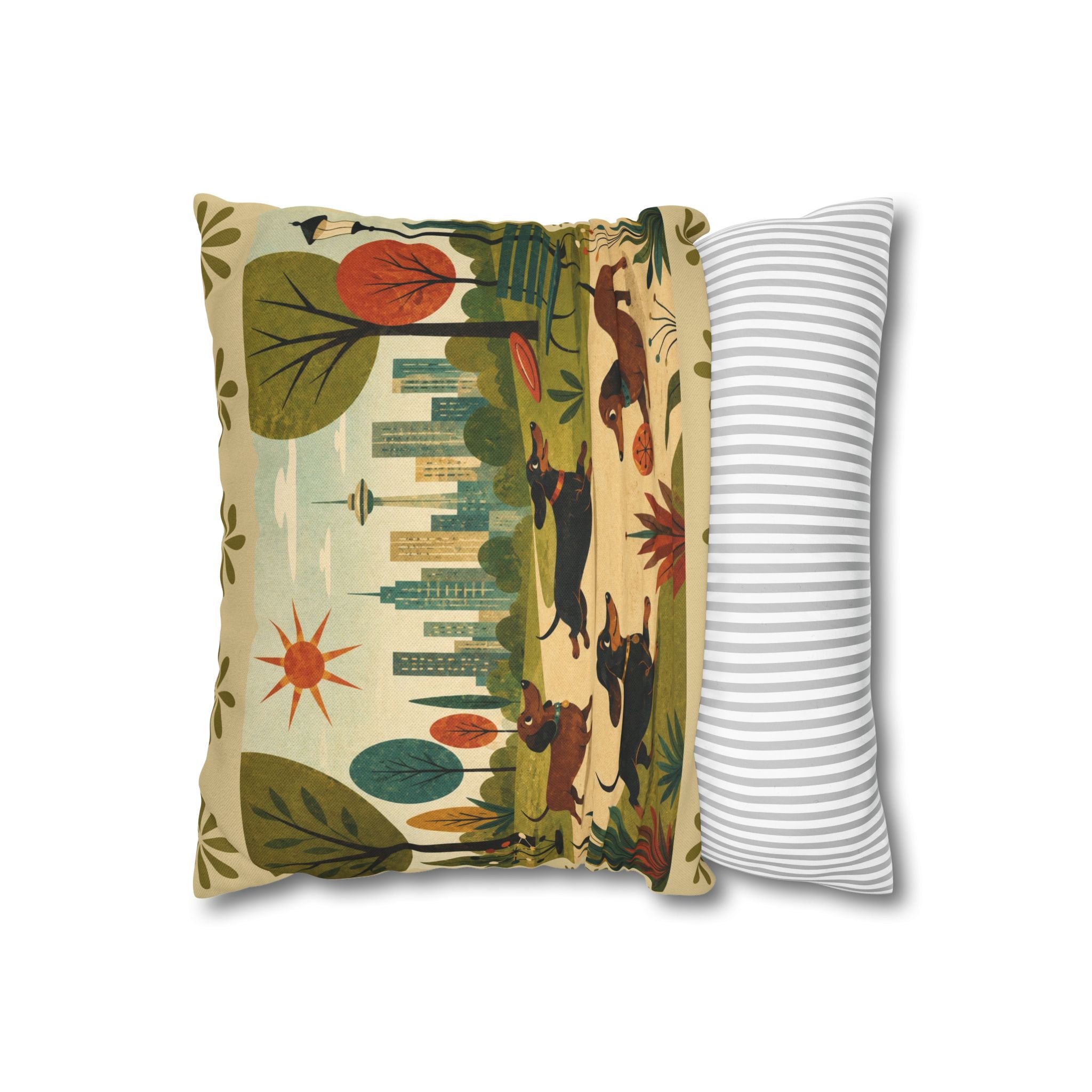 MCM Dachshund Park Scene Pillowcase | Square Decorative Throw Pillowcase - COVER ONLY
