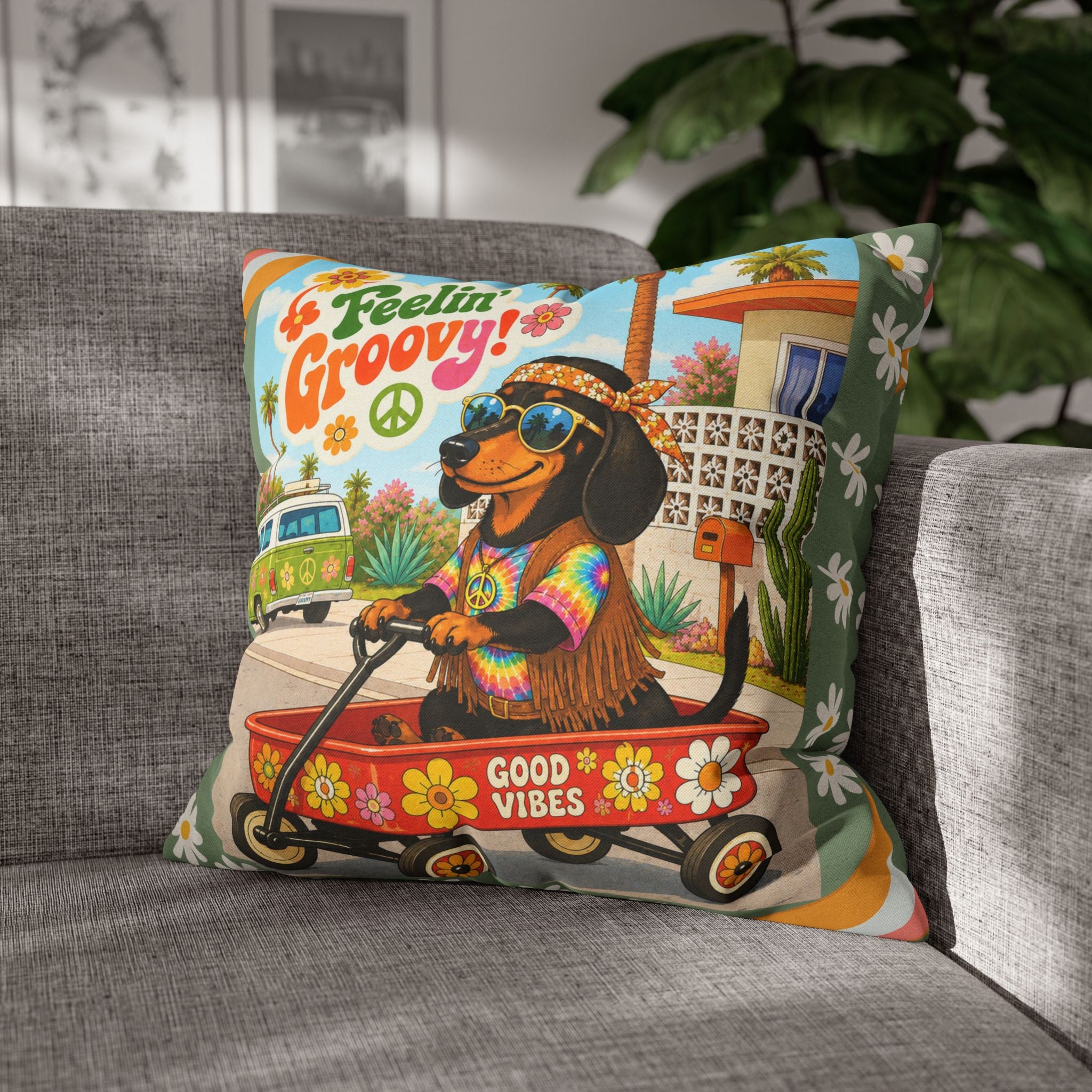 Feelin' Groovy retro Dachshund Pillowcase | 60s 70s pattern Square Decorative Pillow
