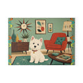 Westie in Mid-Century Living Room Glass Cutting Board | Retro Dog Kitchen Decor