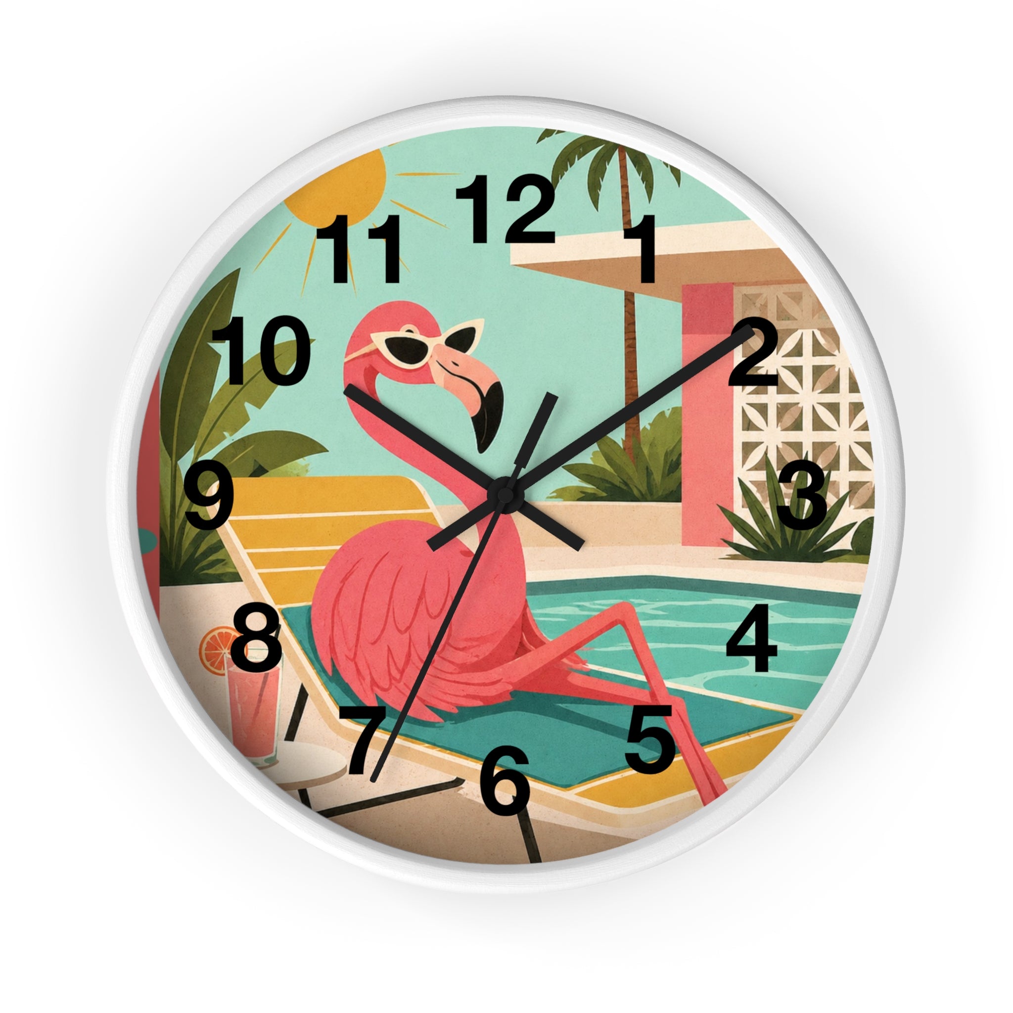 Retro Flamingo Poolside Wall Clock | Mid Century Tropical Illustration
