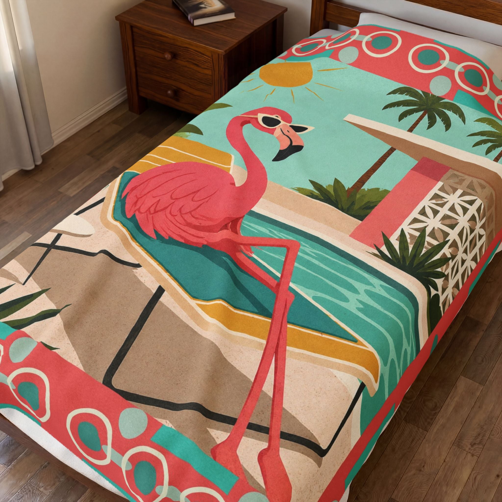 Retro Flamingo Poolside Velveteen Plush Blanket | Mid Century Tropical Design