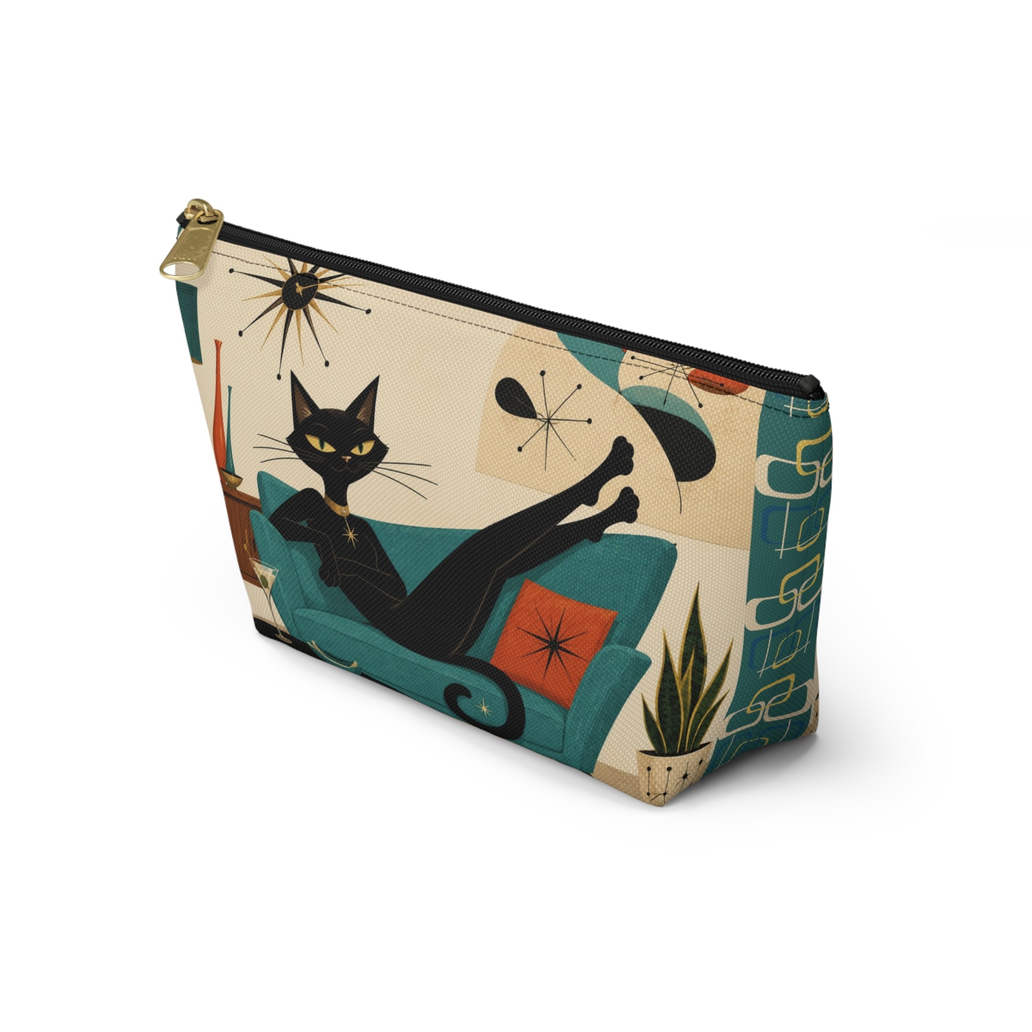 Mid Century Atomic Black Cat Lounge Accessory Pouch | T-Bottom Cosmetic Bag