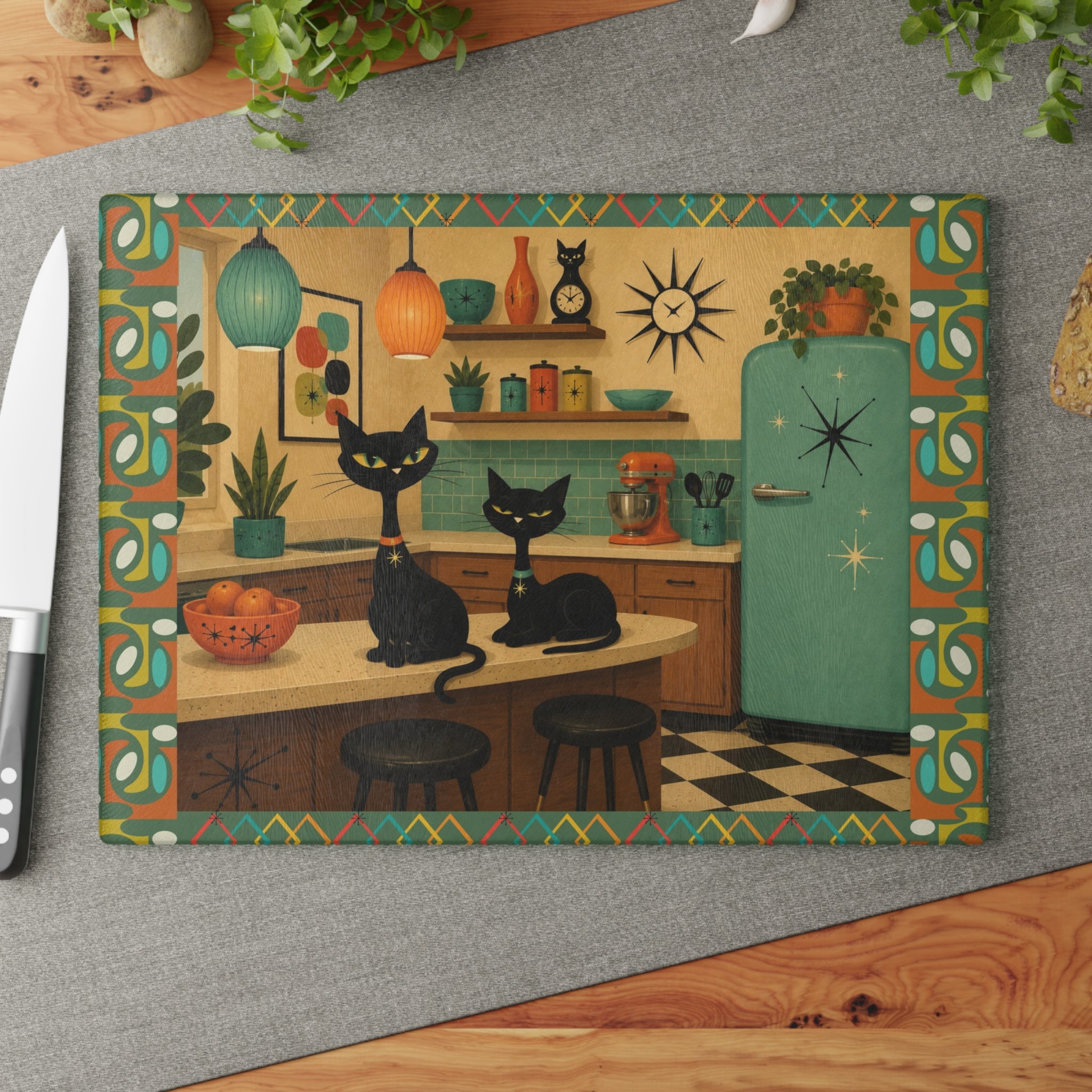 Retro Atomic Black Cats Kitchen Glass Cutting Board | Mid Century Cat Artwork