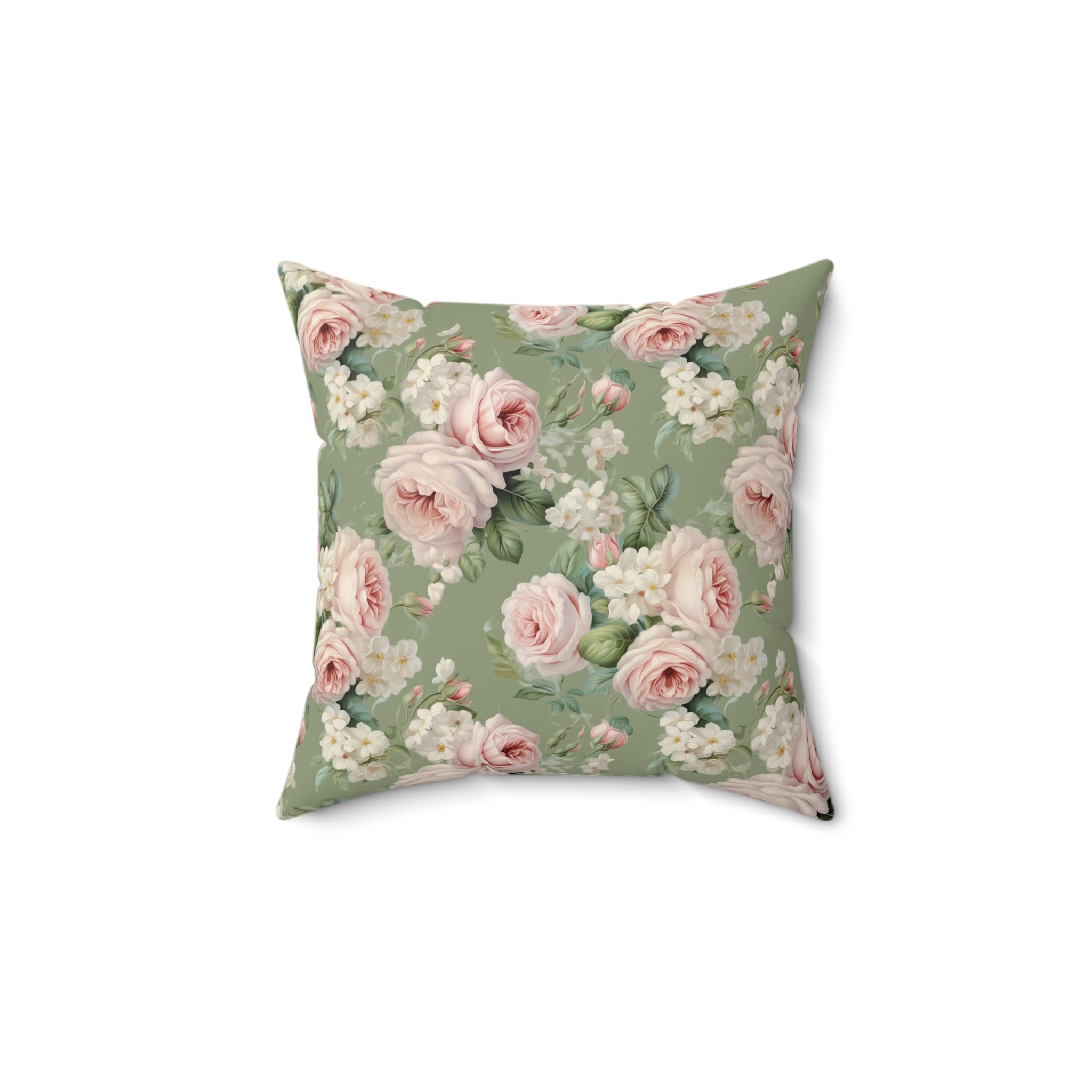 Pink vintage roses with green background Spun Polyester Square Pillow, Shabby chic, Farmhouse decor, country cottage, scatter throw cushion