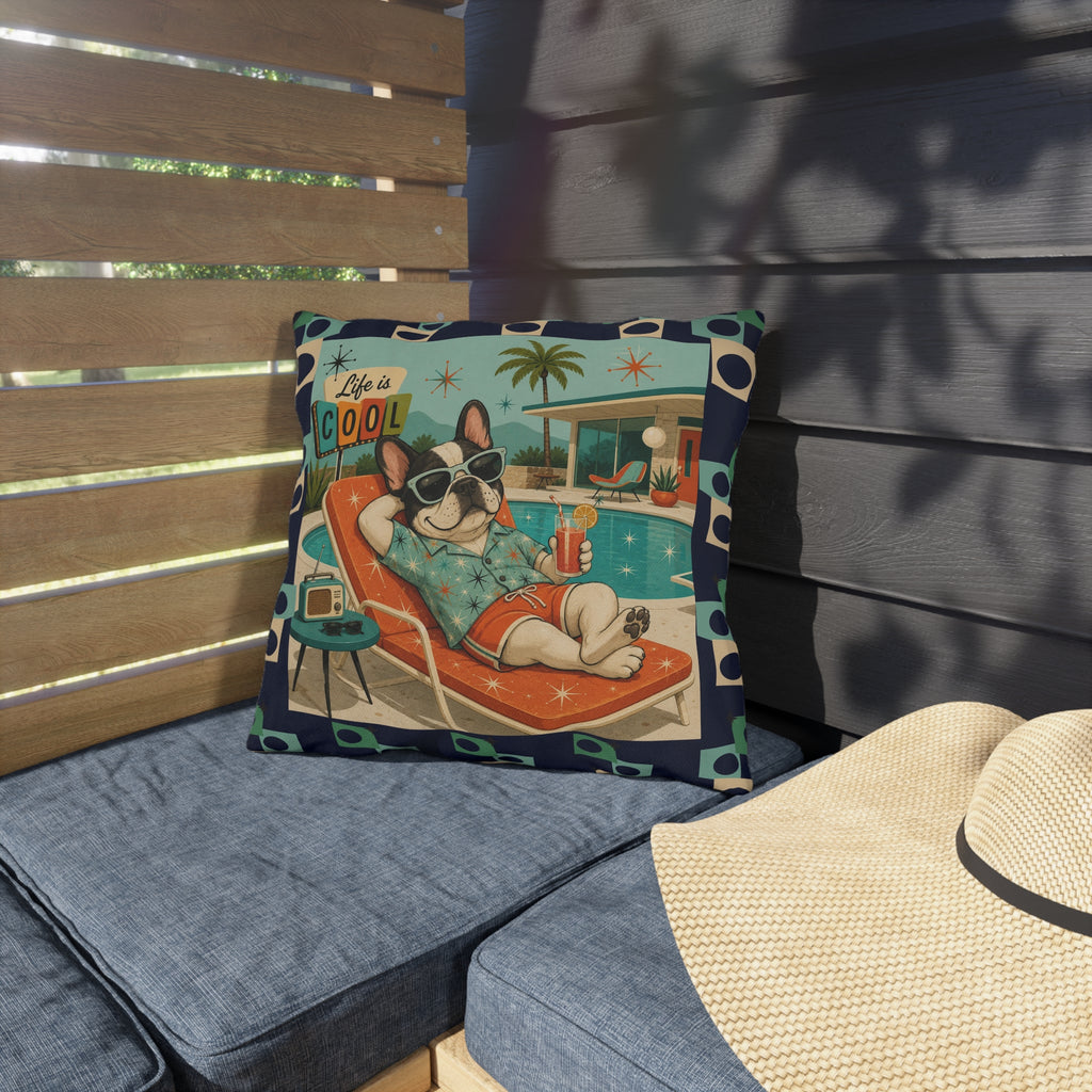 Retro French Bulldog Poolside Lounge Outdoor Pillow | Mid Century Cool