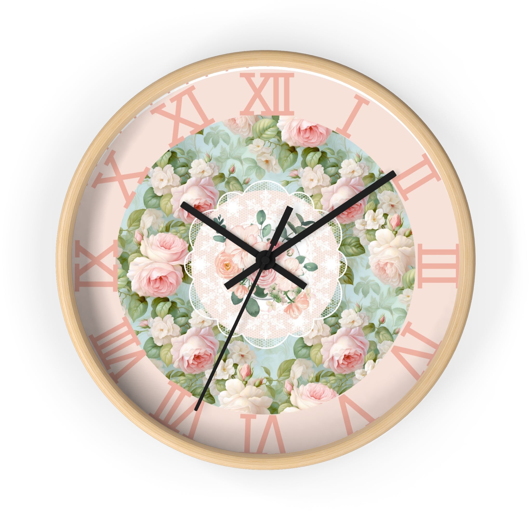 Shabby chic inspired pink rose Wall Clock, kitchen living room bedroom wall clock, silent mechanism