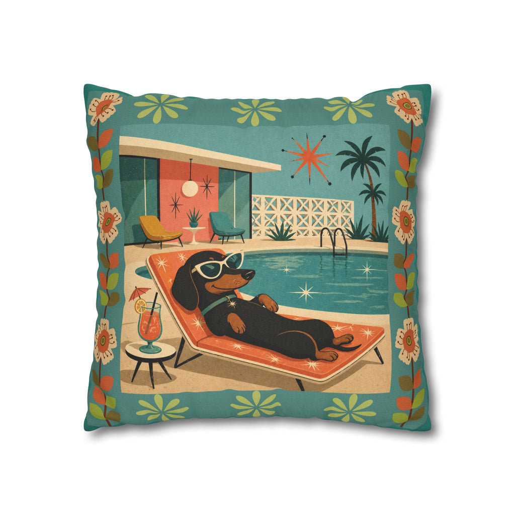 Retro Dachshund Pool Lounge Pillowcase | Square Pillowcase - COVER ONLY - Indoor Use