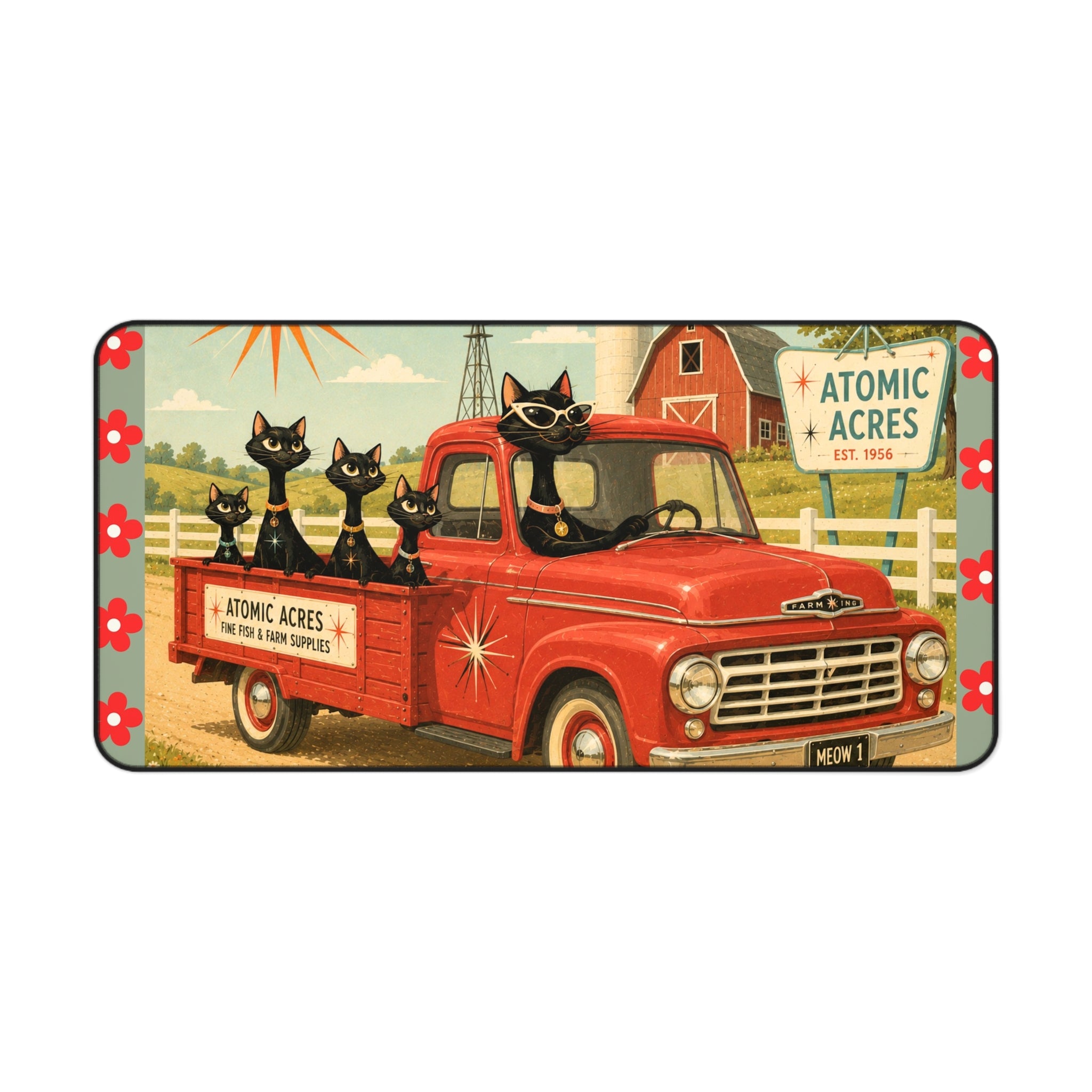 Retro Red Truck with Atomic Black Cats Desk Mat | Atomic Acres Farm Mousepad