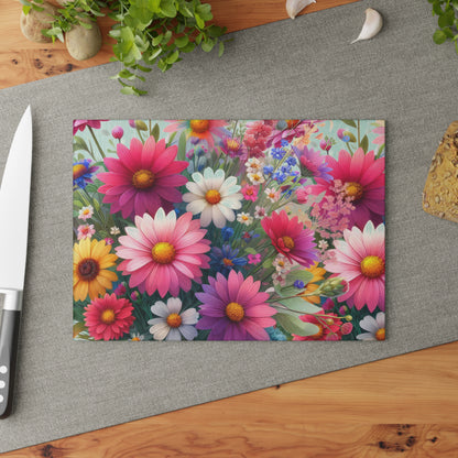 Colorful Wildflowers Glass Cutting Board, tempered glass, wildflower kitchen decor, housewarming gift