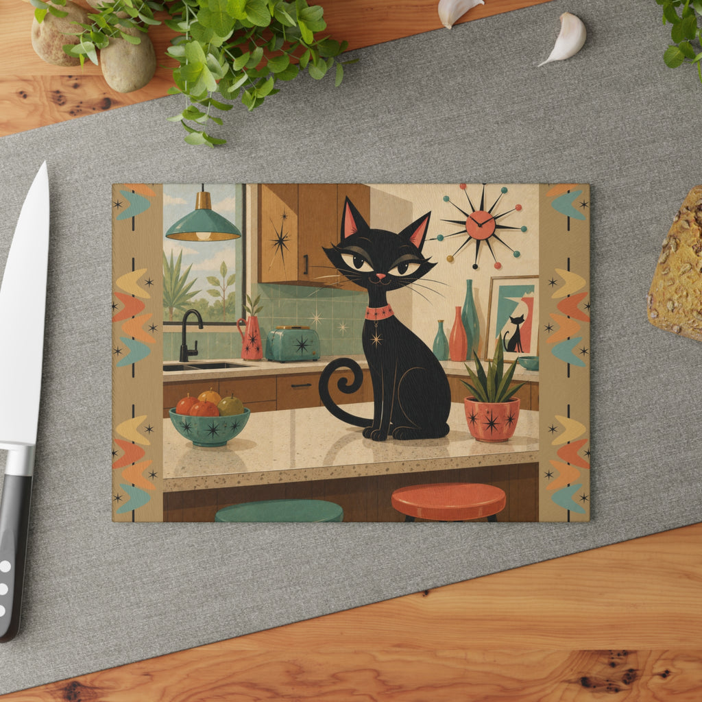 Retro Atomic Black Cat Kitchen Glass Cutting Board | Mid Century Cat Art