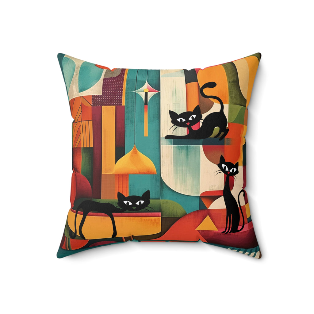Atomic cat MCM Spun Polyester  Square Pillow, retro Mid Century Modern, black cat lover gift, 50s 60s, throw scatter cushion